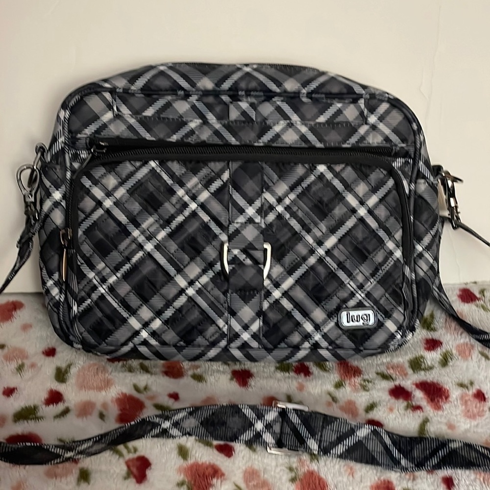 Lug Carousel XL Black and Gray Plaid Crossbody Bag EUC